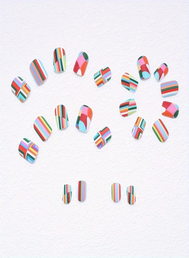 OCOUYVD 24 Pcs Press on Nails Short Rainbow Fake Nails Square False Nails Design Colorful Stripes and lozenge Designs Glossy Artificial Nail Art Reusable Stick on Nails Kit for Women - 24 Pcs in 12 Sizes - Image 2